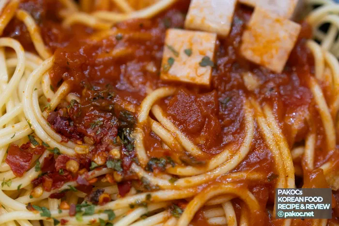 Aspecto de la salsa de la pasta arrabbiata con Spam